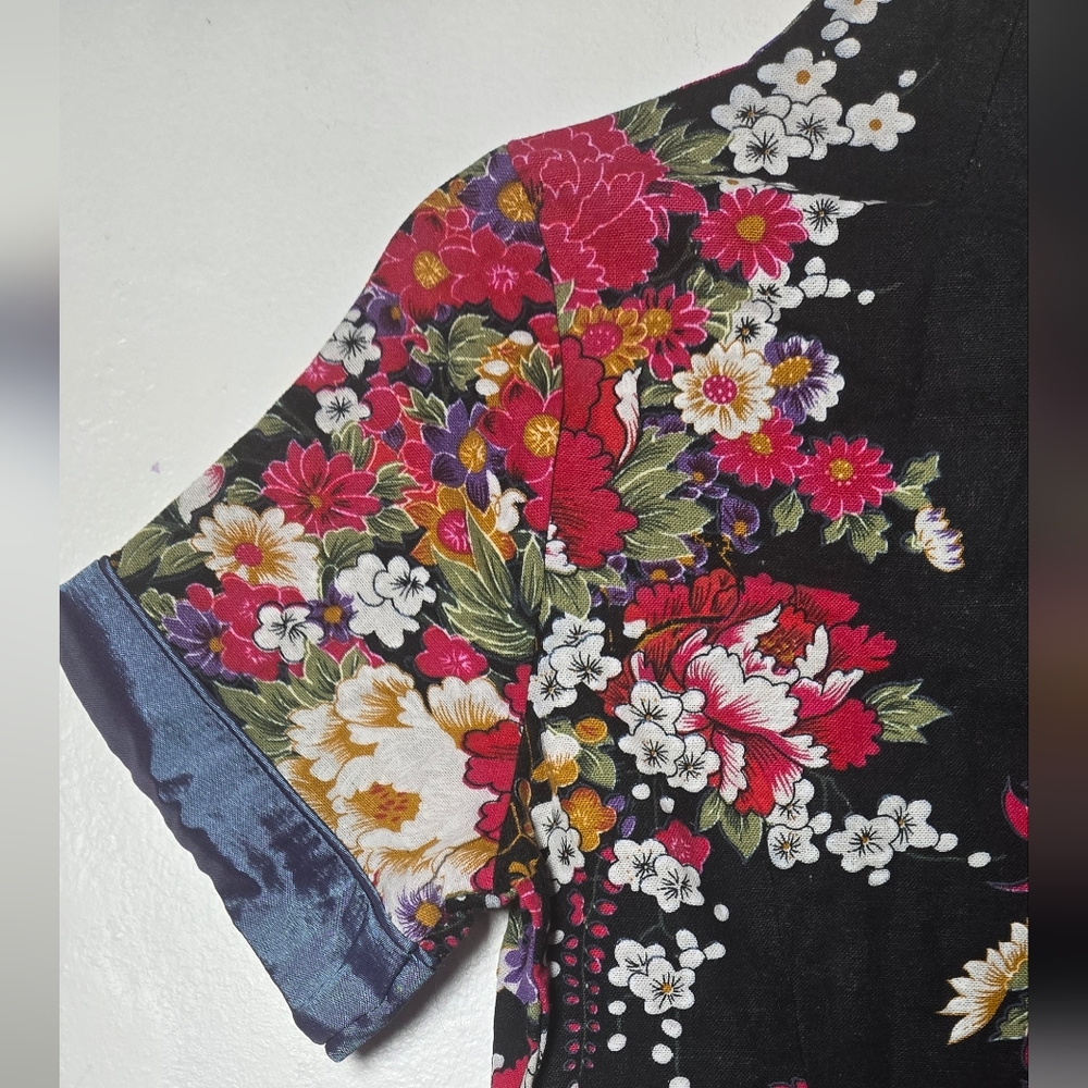 Womens Cotton Linen Short Sleeve Chinese Shirt with Flower Print Size M - Picture 9 of 16